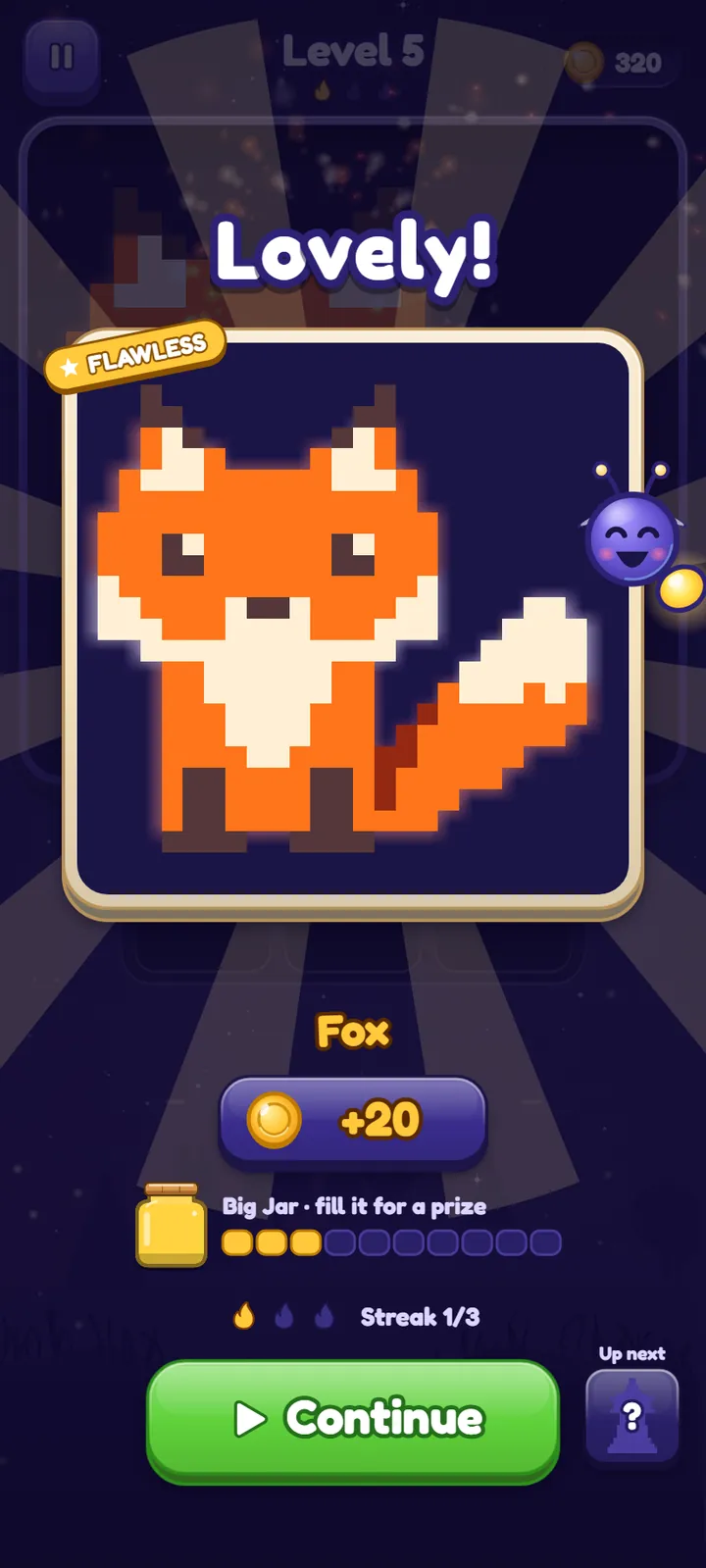 Glowjar victory screen: a fully lit pixel picture of a fox under the word Lovely, with a 20 coin reward and a Continue button.
